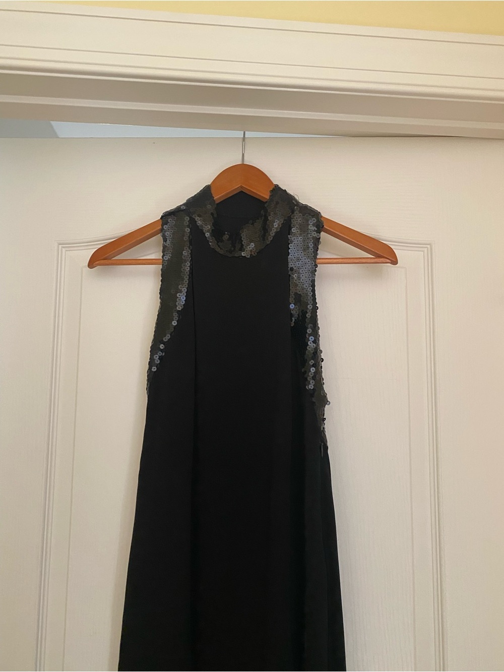 Black Sleeveless Sequin Trim Mock-Neck Dress